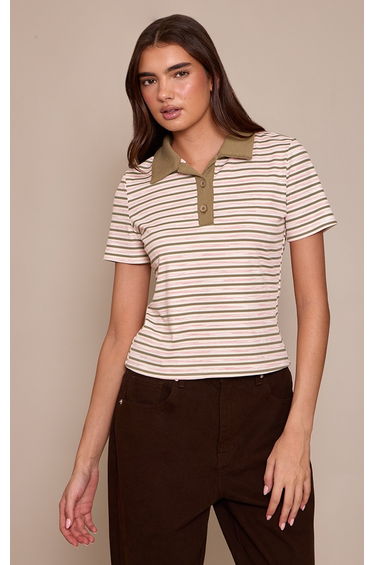 Khaki Soft Rib Striped Detail Collared Short Sleeve Top