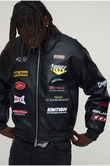 Boxy Fit PU Rodeo Applique Badge Varsity Bomber Jacket - black