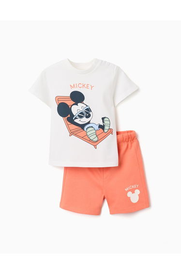 Cotton T-Shirt And Shorts With Mickey Print For Baby Boys, White/Orange