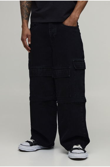 Baggy Cargo Zip Off Jeans - washed black