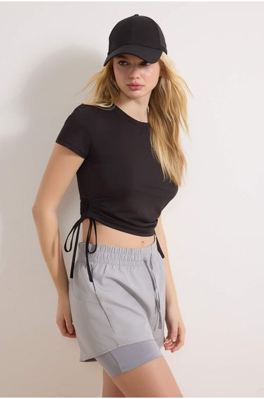 Black Drawstring Detail Micro Fabric Knitted Sports T-Shirt