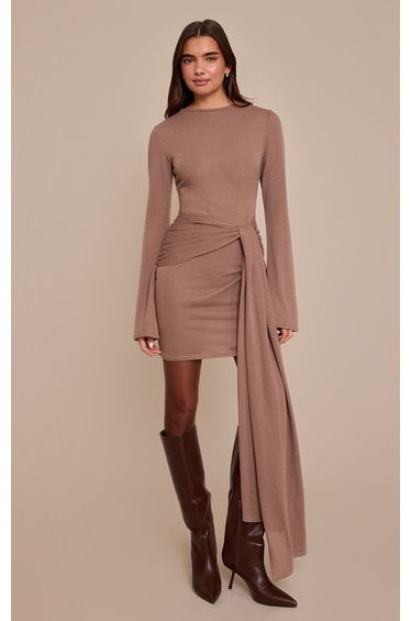 Taupe Textured Jersey Wrap Waist Bodycon Dress