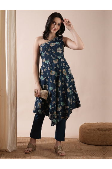 Floral Print One Shoulder Asymmetric Hem A-Line Kurta and Pants Co-Ords