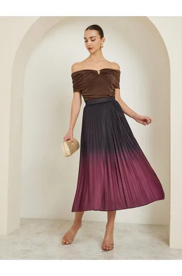 Burgundy Ombre Pleated A-Line Midi Skirt