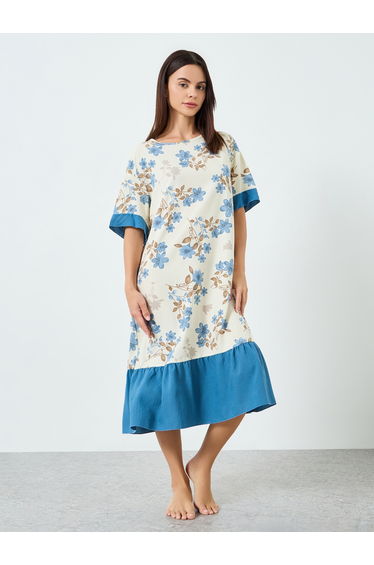 Women Floral Printed Short Sleeve Midi Nightdress