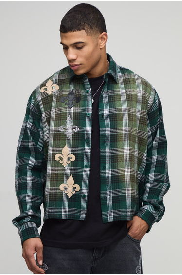 Oversized Applique Distress Boxy Revere Long sleeve Check Shirt - forest