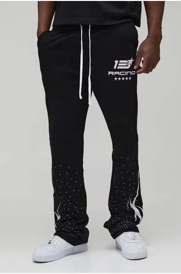 Tall Slim Flared Stacked Moto Print Rhinestone Embellished Joggers - black