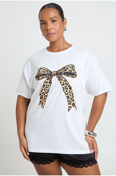 Plus Leopard Bow Printed T Shirt - white