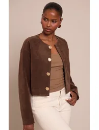 Chocolate Round Neck Gold Button Suede Jacket - 3