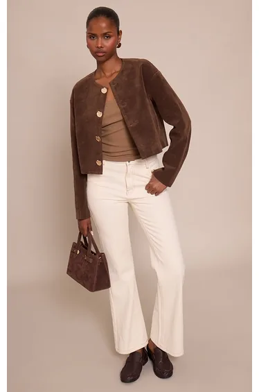 Chocolate Round Neck Gold Button Suede Jacket