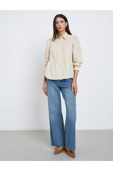 Beige Button Front Puff Sleeve Shirt
