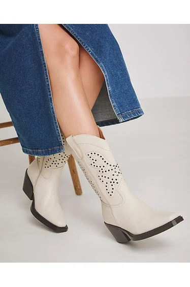 Punch Detail Mid Calf Western Boot Wide