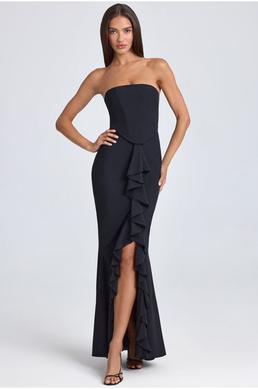 Bandeau Ruffle-Trim Corset Gown in Black