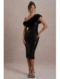 Volute | Black Sequin One-Shoulder Draped Midi Dress - 3