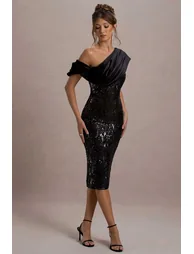 Volute | Black Sequin One-Shoulder Draped Midi Dress - 5