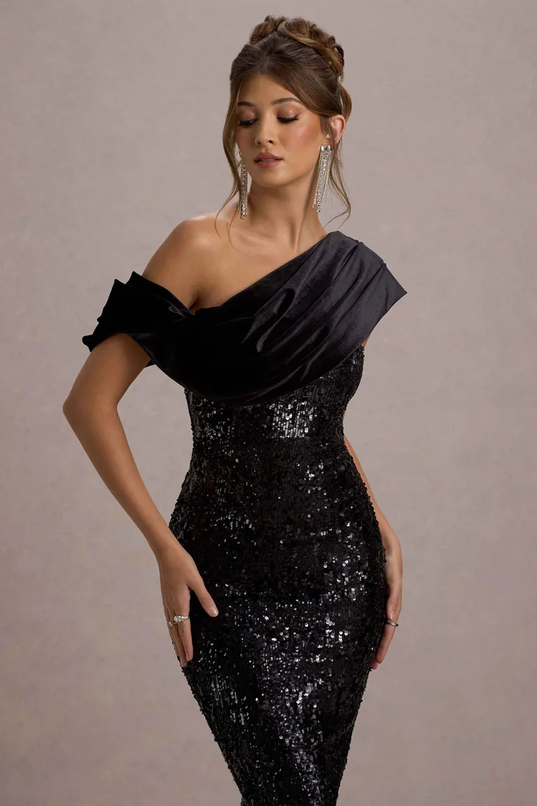 Volute | Black Sequin One-Shoulder Draped Midi Dress - 2