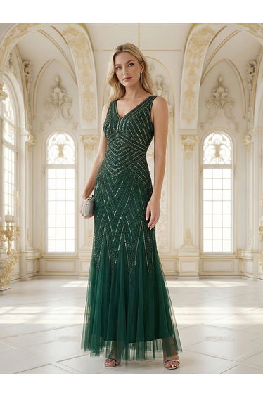 ever GLAMOUR|Deep V-Neck Sequin Sleeveless Evening Dress