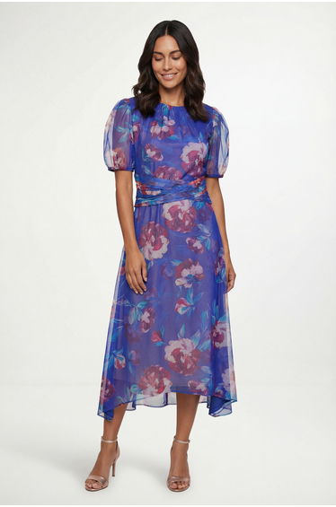 Floral Mesh Pleated Midi Dress