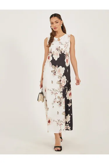 فستان ماكسي بتصميم بشكل A بطبعة أزهار بلا أكمام
