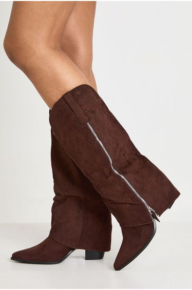Fold Over Zip Detail Knee High Western Boots - chocolate