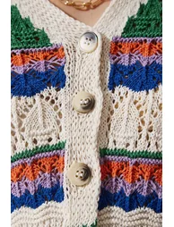 Women's Cream Green Block Color Openwork Seasonal Knitwear Cardigan - 5