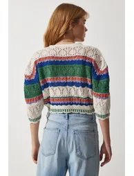 Women's Cream Green Block Color Openwork Seasonal Knitwear Cardigan - 4