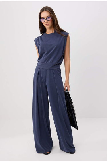 Navy Blue Low Sleeve Wide Leg Soft Premium Lyocell Content Knitted Bottom - Top Set