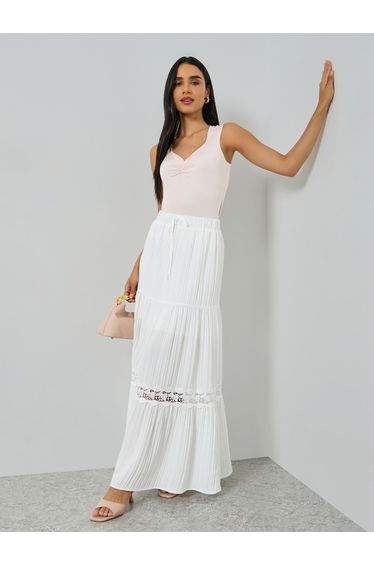 White Lace Insert Tiered Maxi Skirt