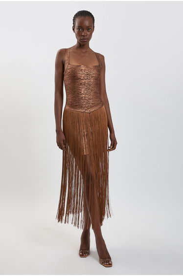 Foil Metallic Figure Form Bandage Fringed Knit Maxi Dress