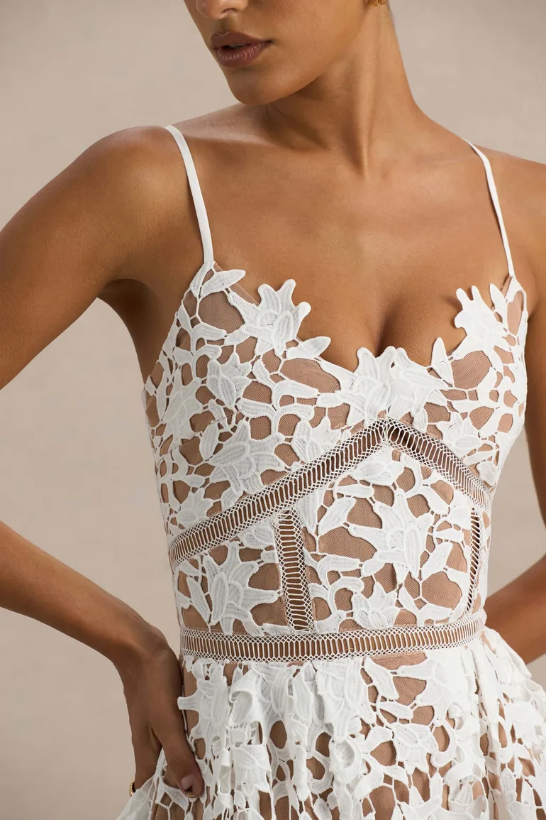 Zuri | White Lace Sweetheart Midi Dress With Cami Straps - 2