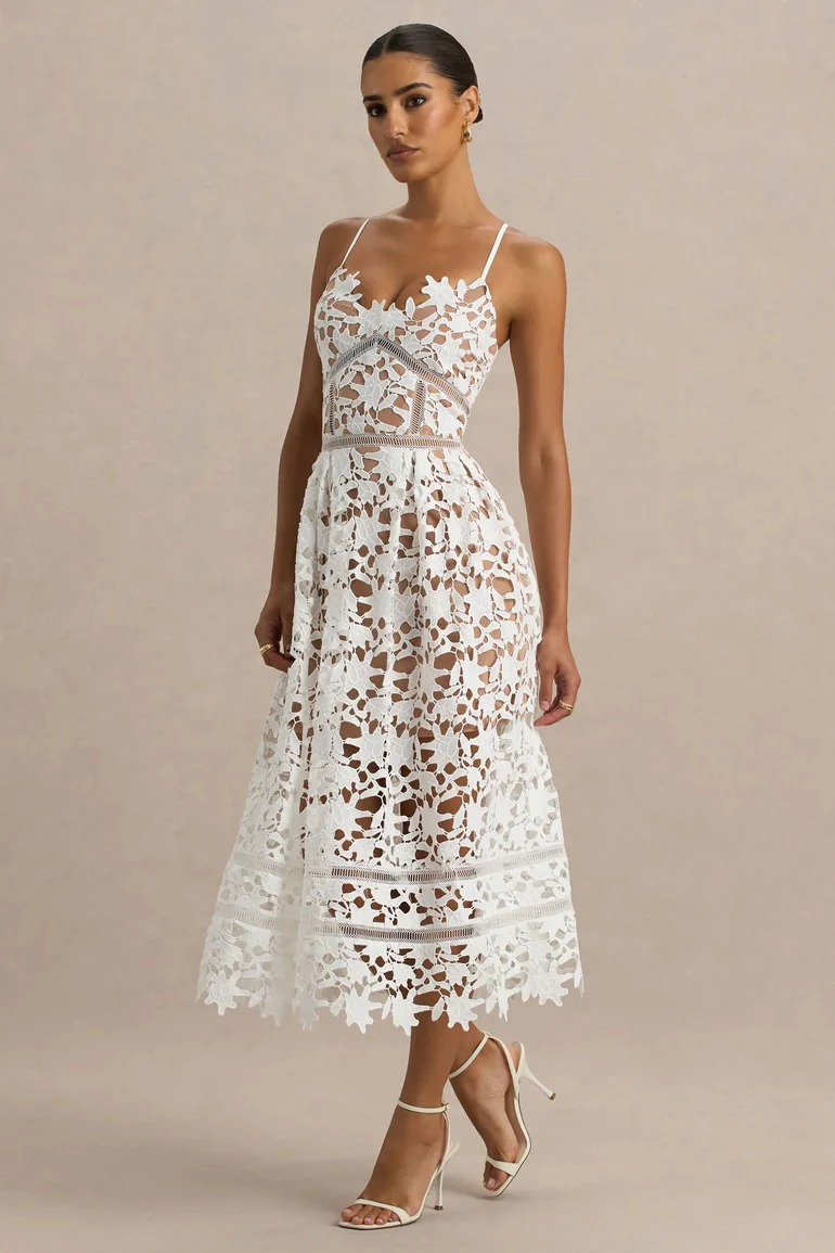 Zuri | White Lace Sweetheart Midi Dress With Cami Straps - 4