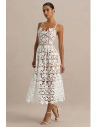 Zuri | White Lace Sweetheart Midi Dress With Cami Straps - 4