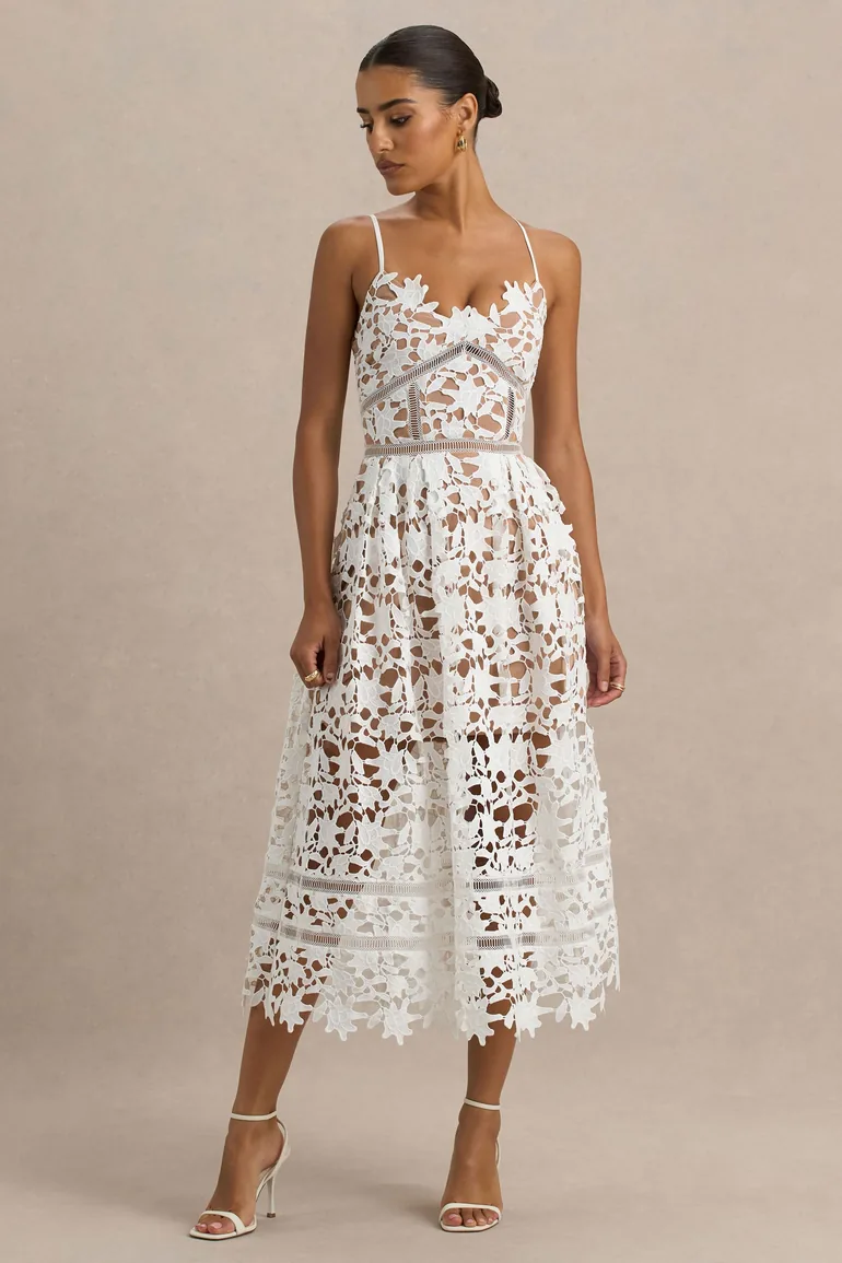 Zuri | White Lace Sweetheart Midi Dress With Cami Straps - 3