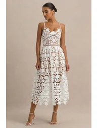Zuri | White Lace Sweetheart Midi Dress With Cami Straps - 3