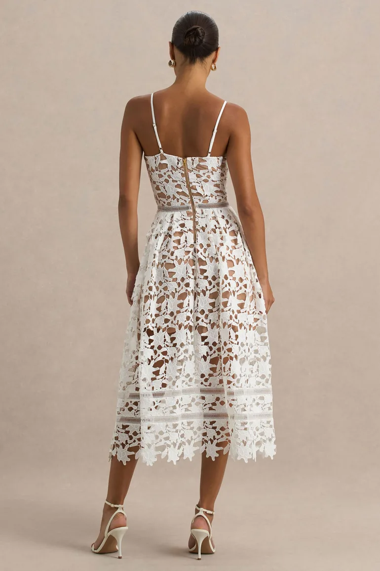 Zuri | White Lace Sweetheart Midi Dress With Cami Straps - 1