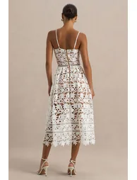 Zuri | White Lace Sweetheart Midi Dress With Cami Straps - 1