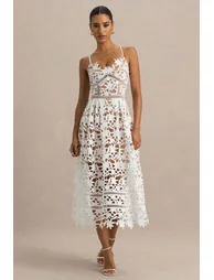 Zuri | White Lace Sweetheart Midi Dress With Cami Straps