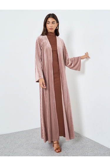 Pink Textured Velvet Look Front Open Blue Abaya