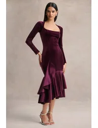Emberlyn | Burgundy Velvet Scoop-Neck Fishtail Midi Dress - 2