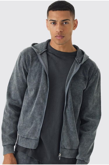 Washed Rib Man Embroidered Zip Through Hoodie - charcoal