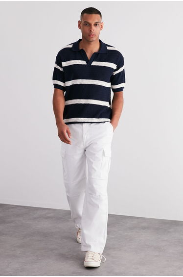Navy Blue Men's Regular Fit Striped Leakage Pat Limited Edition Knitwear Polo Collar T-Shirt