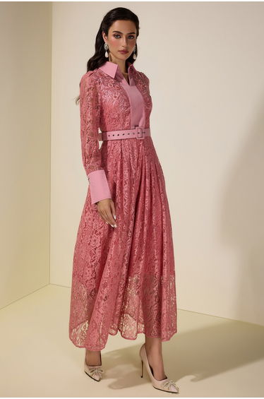 Lace Rivet Shirt Collar Midi Dress With Belt