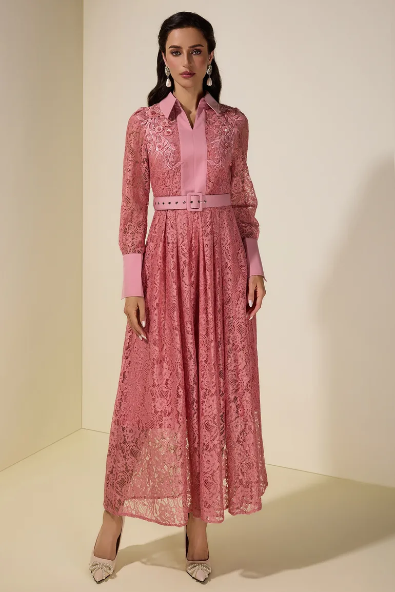 فستان جاردان فو قميص زهري ماكسي على شكل حرف A بأكمام طويلة - 1