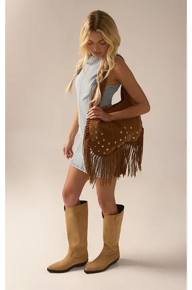 Tan Faux Suede Studded Fringe Shoulder Bag