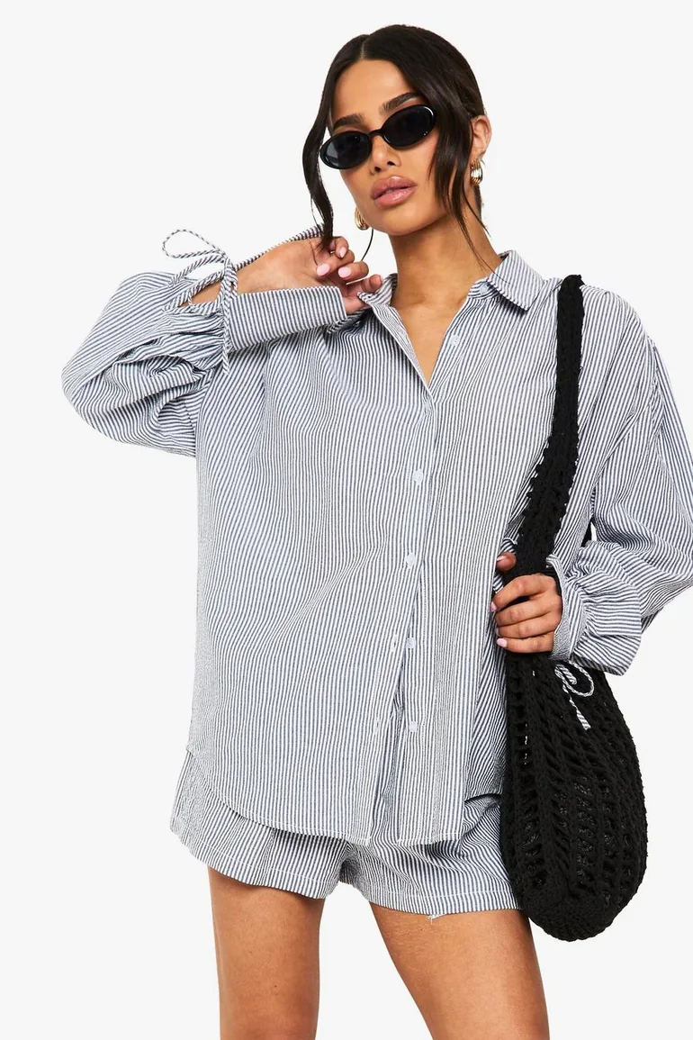 Petite Balloon Sleeve Stripe Shirt And Shorts Set