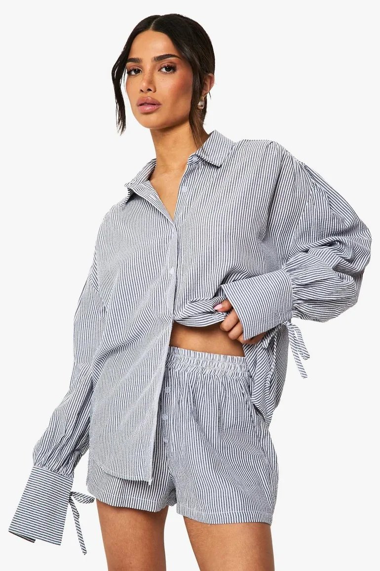 Petite Balloon Sleeve Stripe Shirt And Shorts Set - 2