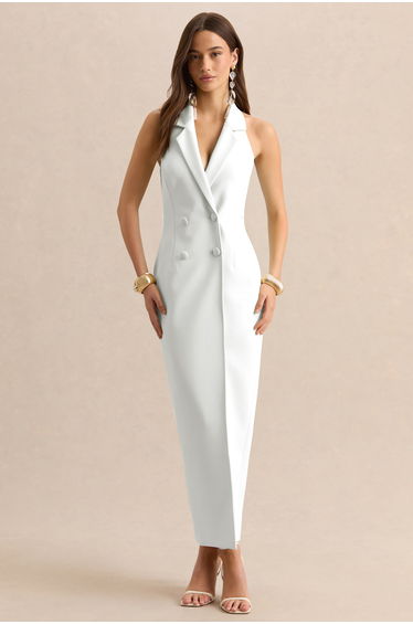 Hana | White Plunge-Neck Tailored Maxi Dress