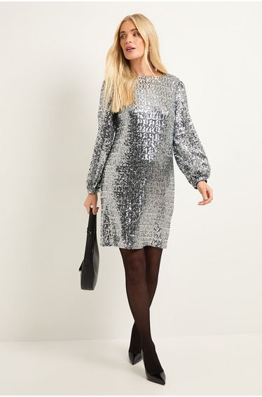 Petite Square Sequin Cowl Shift Dress