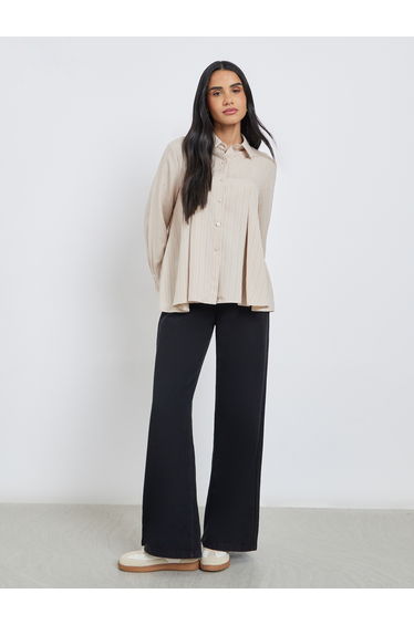 Textured Pleated Spread Collar Shirt