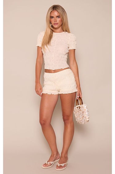 Petite Cream Textured Ruched Fitted Top Co-ord